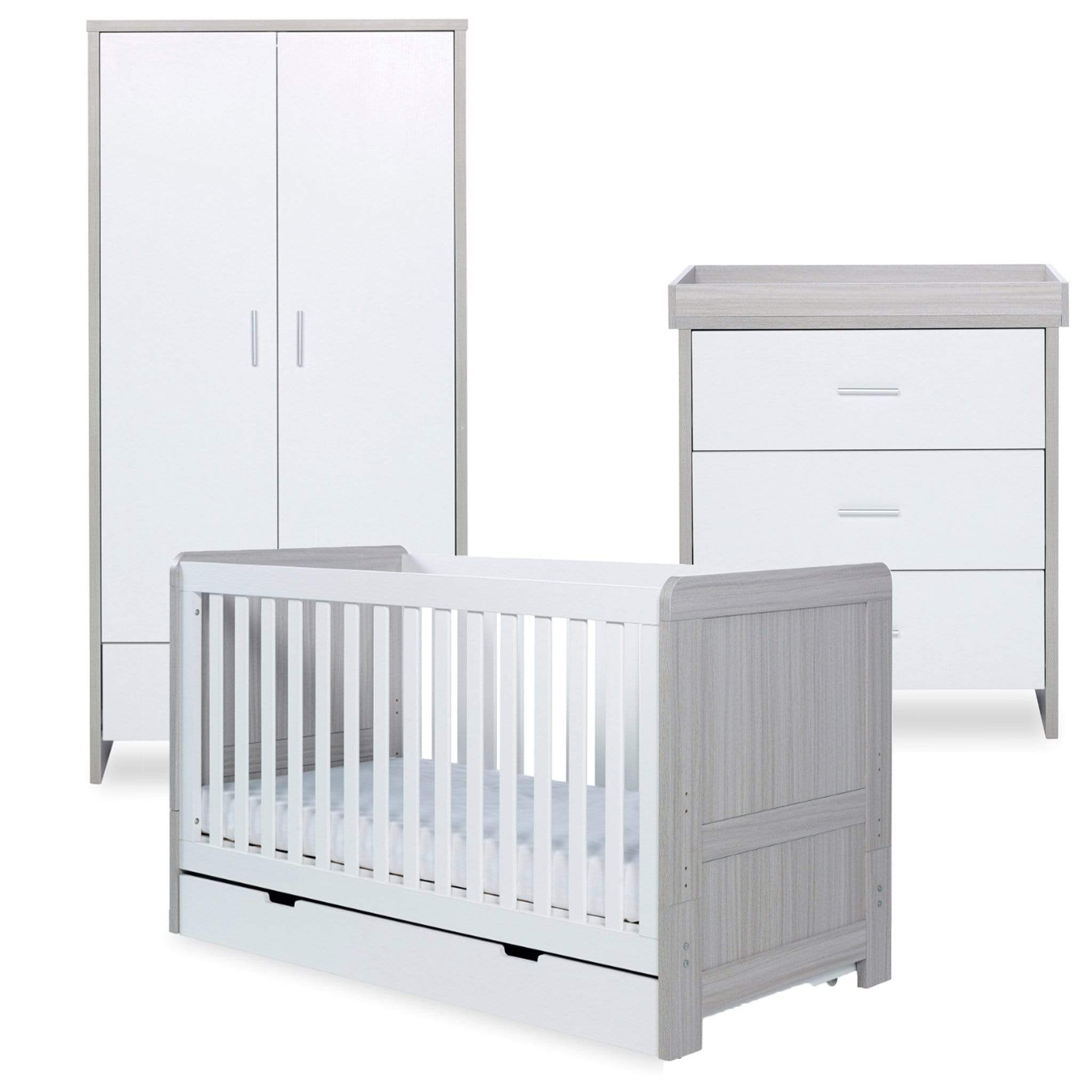 Ickle Bubba Pembrey 3 Piece Furniture Set and Under Drawer Ash Grey & White Cot Beds