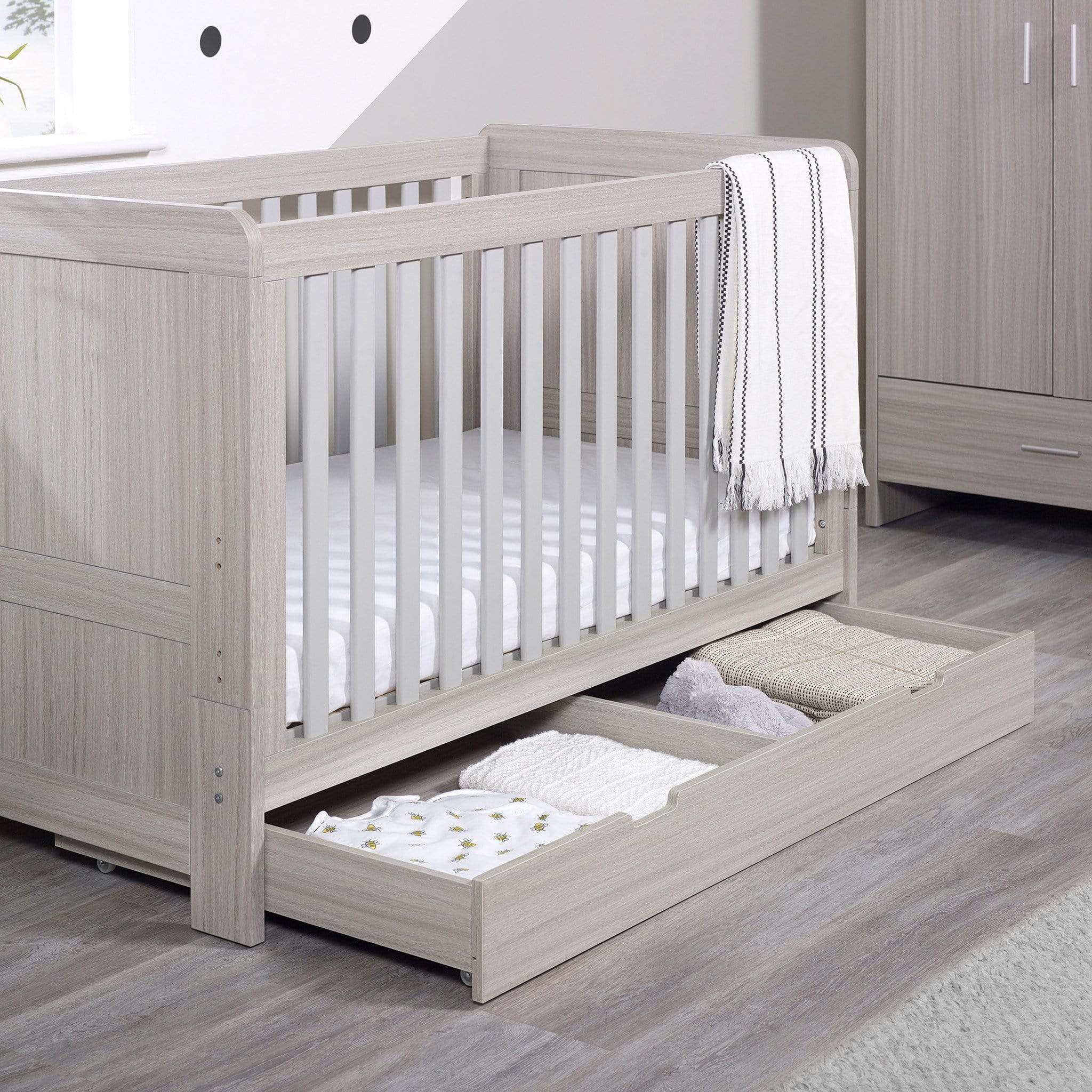 Ickle Bubba Pembrey Cot Bed and Under Drawer Ash Grey Cot Beds