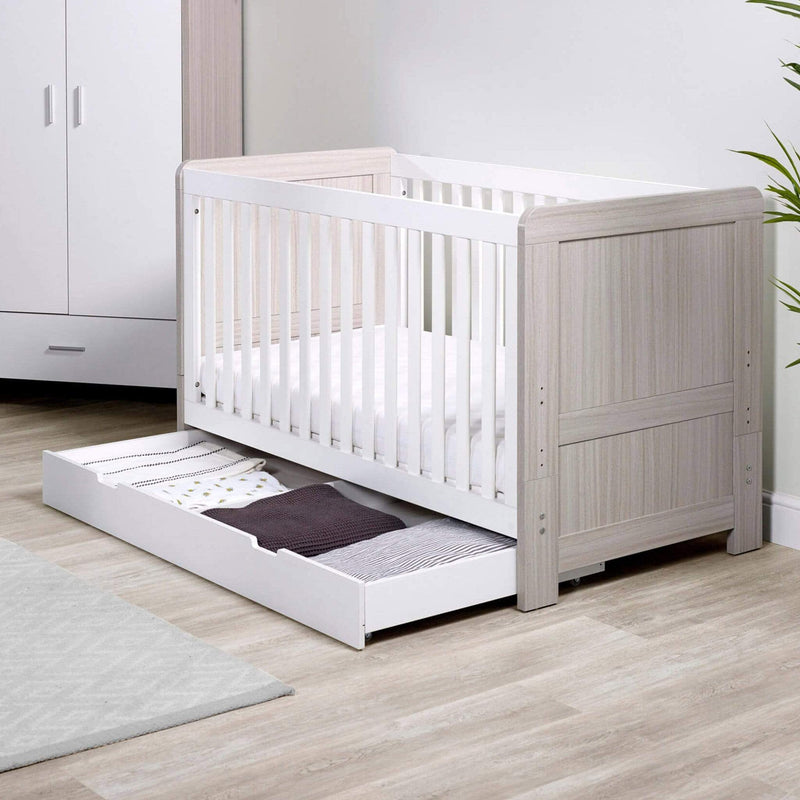 Ickle Bubba Pembrey Cot Bed and Under Drawer Ash Grey & White Cot Beds