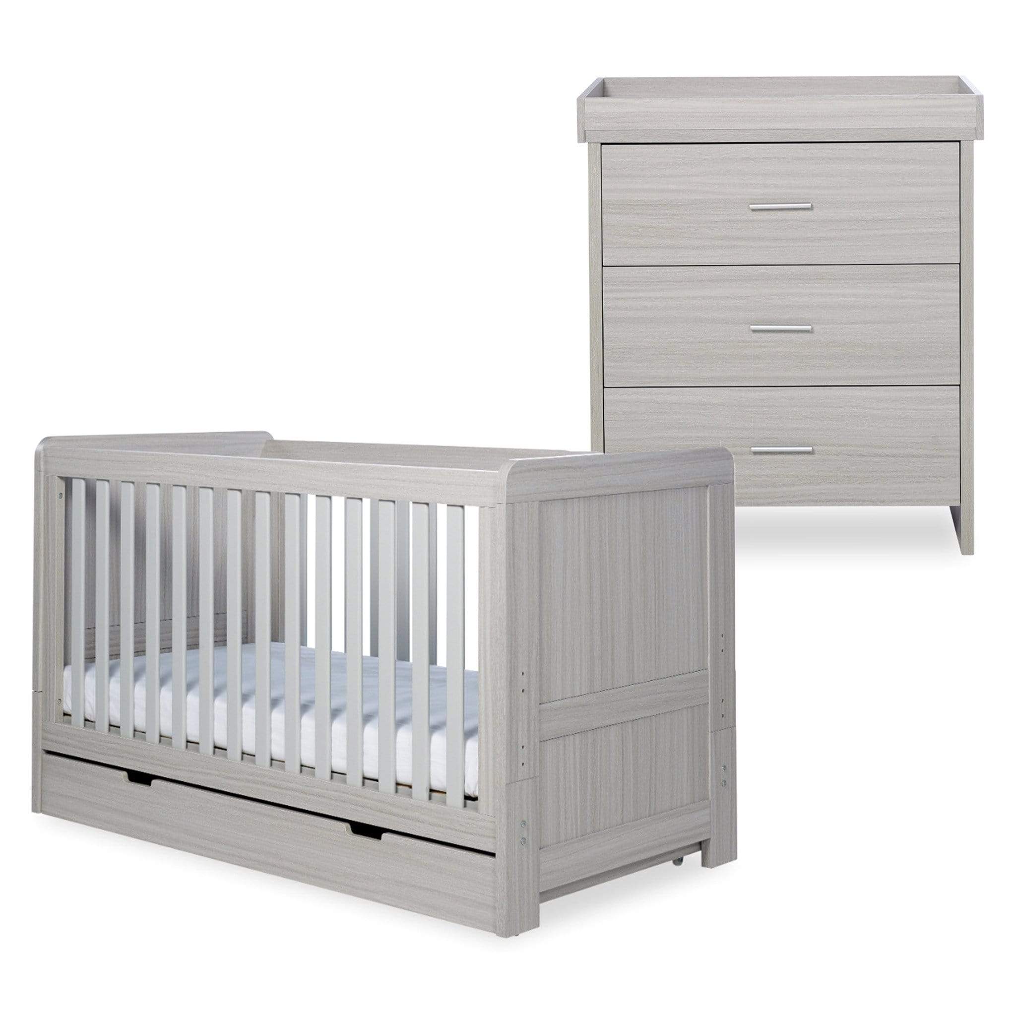 Ickle Bubba Pembrey Cot Bed, Under Drawer and Changing Unit Ash Grey Cot Beds