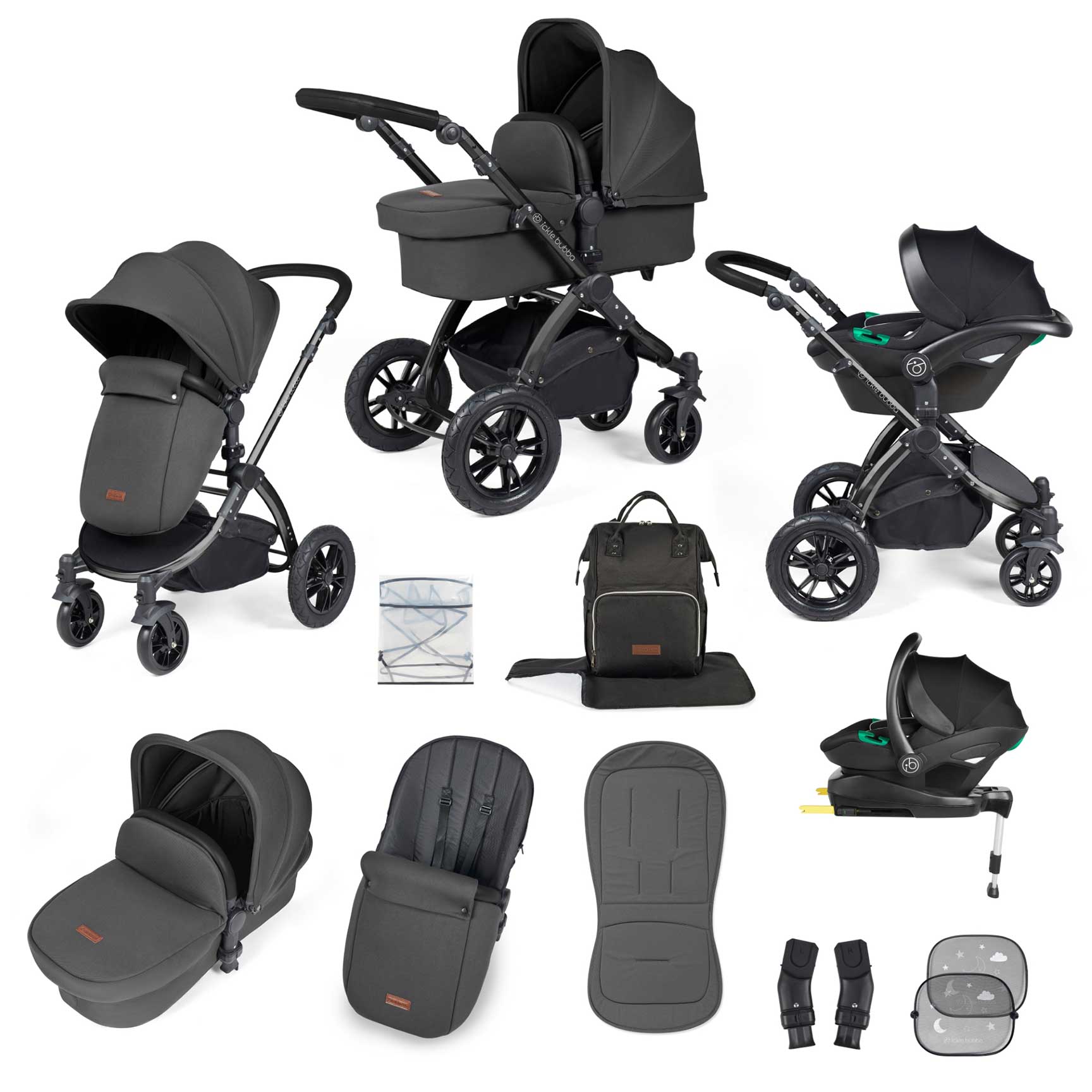 Ickle Bubba Stomp Luxe All-in-One Travel System with Isofix Base in Black/Charcoal Grey/Black Travel Systems 10-011-300-206 5056515026450