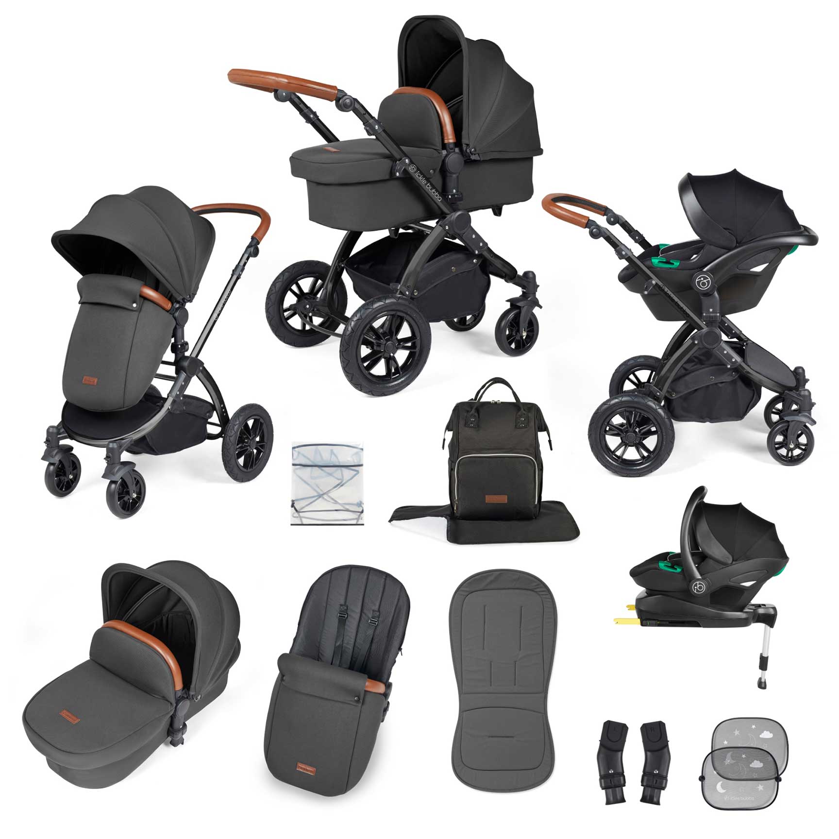 Ickle Bubba Stomp Luxe All-in-One Travel System with Isofix Base in Black/Charcoal Grey/Tan Travel Systems 10-011-300-207 5056515026443