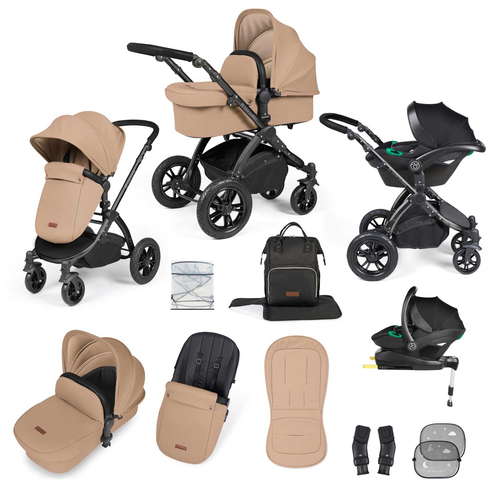 Ickle Bubba Stomp Luxe All-in-One Travel System with Isofix Base in Black/Desert/Black Travel Systems 10-011-300-208 5056515026498