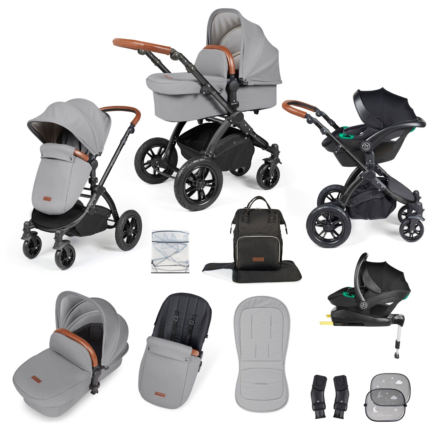 Ickle Bubba Stomp Luxe All-in-One Travel System with Isofix Base in  Black/Pearl Grey/Tan Travel Systems 10-011-300-211 5056515026467