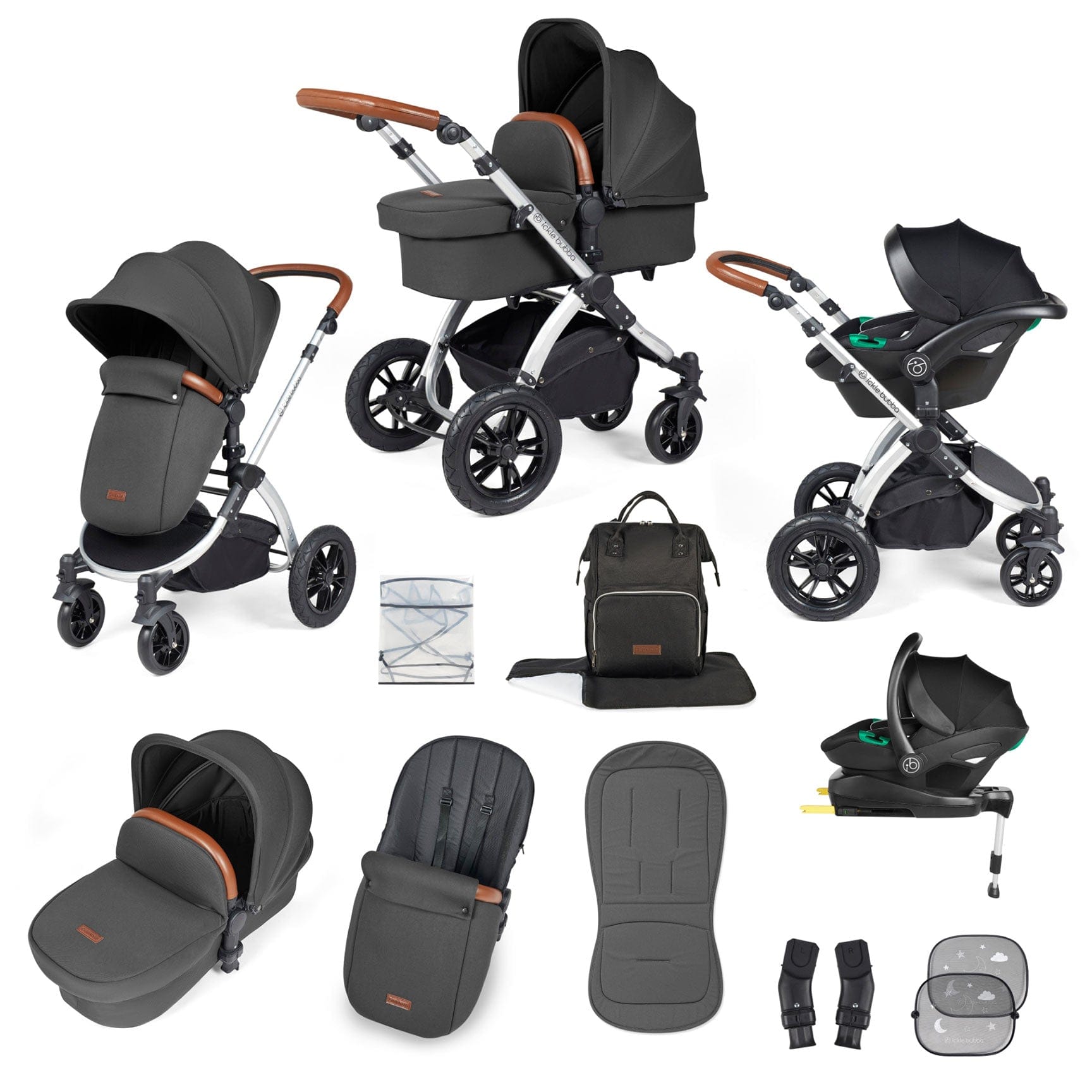 Ickle Bubba Stomp Luxe All-in-One Travel System with Isofix Base in Silver/Charcoal Grey/Tan Travel Systems 10-011-300-255 5056515026542