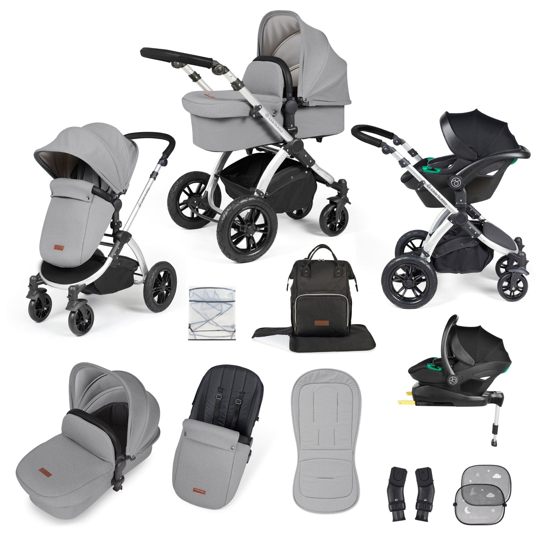 Ickle Bubba Stomp Luxe All-in-One Travel System with Isofix Base in Silver/Pearl Grey/Black Travel Systems 10-011-300-259 5056515026573