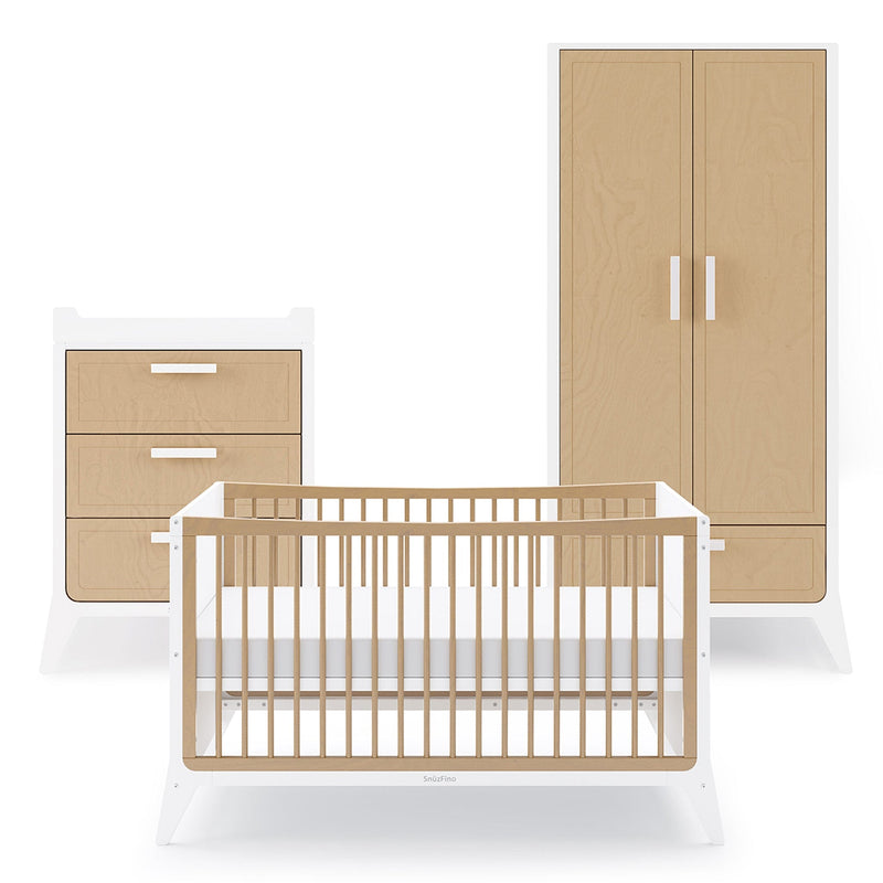 SnuzFino 3 Piece Nursery Furniture Set in White Natural Nursery Room Sets FN027B